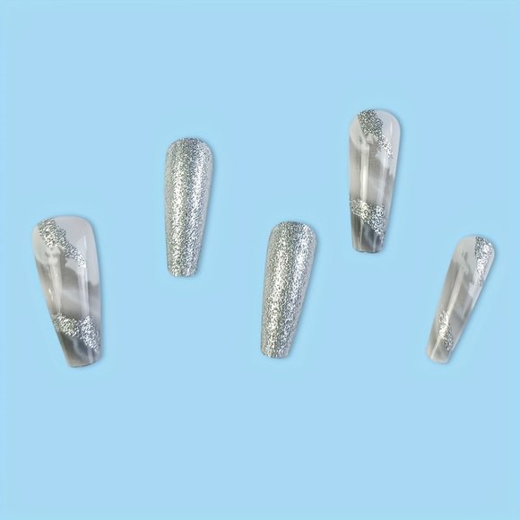24 Pcs Long Ballerina Marble White And Gray Press On Reusable Nails - Picture 4 of 9